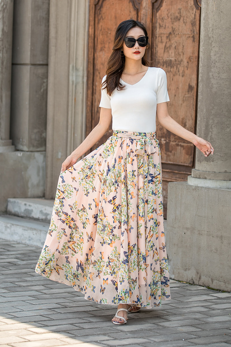 A Line Chiffon Maxi Floral Swing Skirt 3438