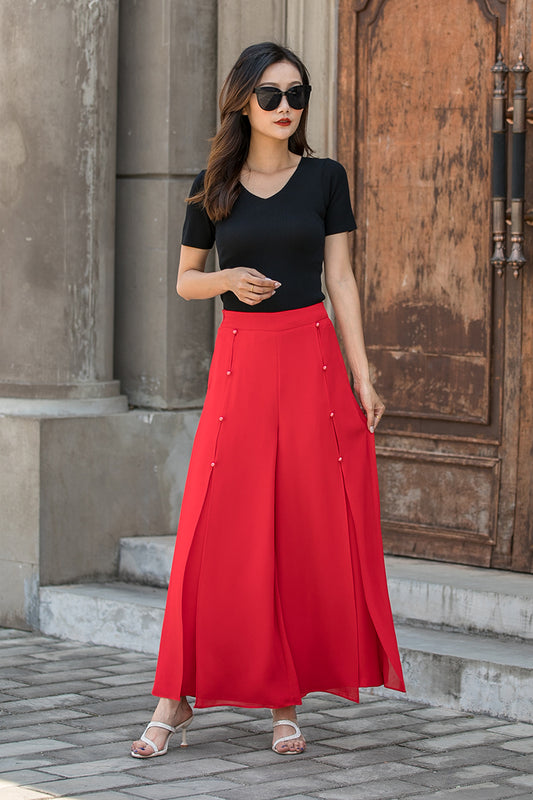 Red Chiffon Wide Leg Pants - High Waisted with Split Detail 3445