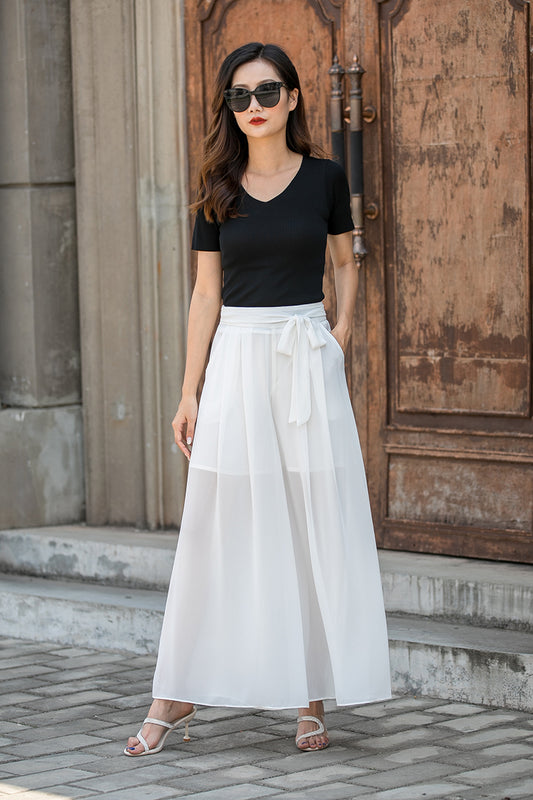 White Chiffon Wide Leg Pants - Flowing Split High Waist 3446