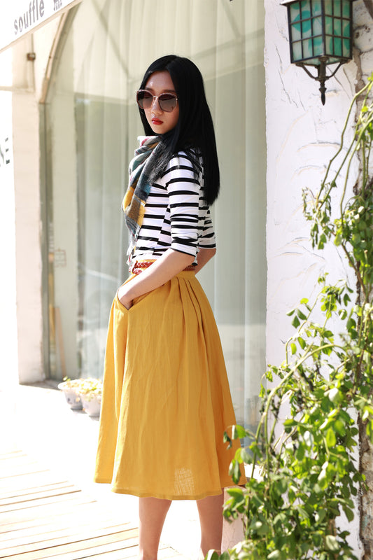 Mustard Yellow Linen A-Line Midi Skirt with Pockets