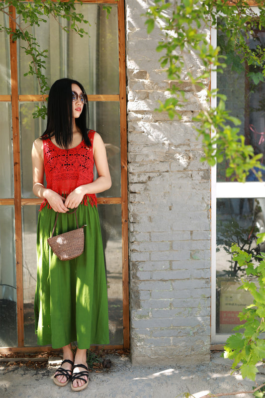 Green Linen Ankle Length Pleated Skirt - Elastic Waist 2172