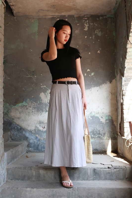Gray Linen Blend A-Line Maxi Skirt - Pleated Waist with Pockets 2173