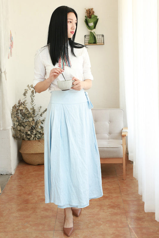 Light Blue Linen Cotton Wrap Maxi Skirt - Pleated Waist Detail 2175