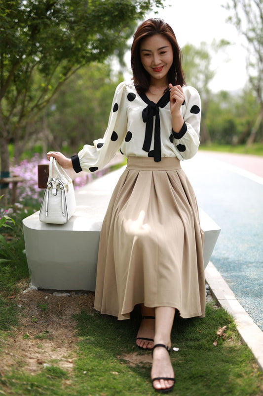 Khaki Polyester Midi Skirt - Pleated A-Line Swing Silhouette 2196
