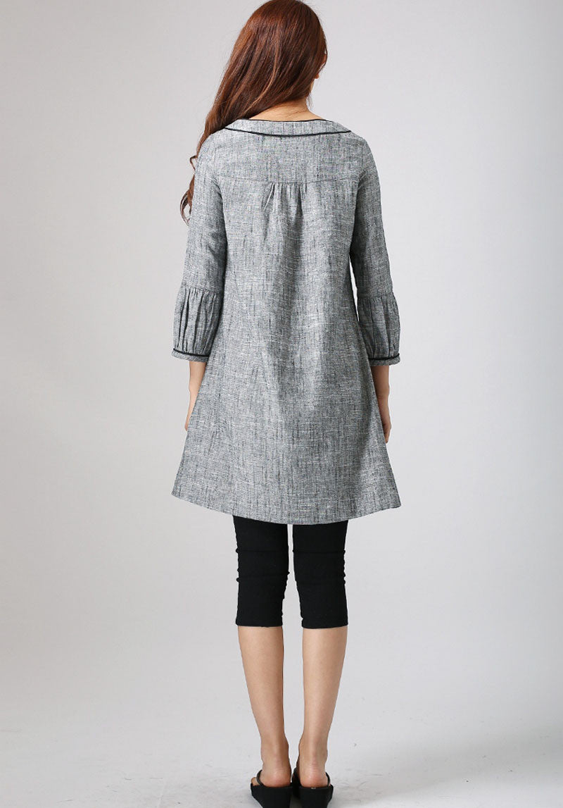 Grey Linen Cotton Tunic Dress – Women’s Loose Fit Long Sleeve Casual Dress 0783