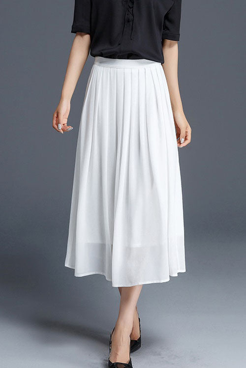 Women's White Midi Soft Pleated Chiffon Skirt 2901