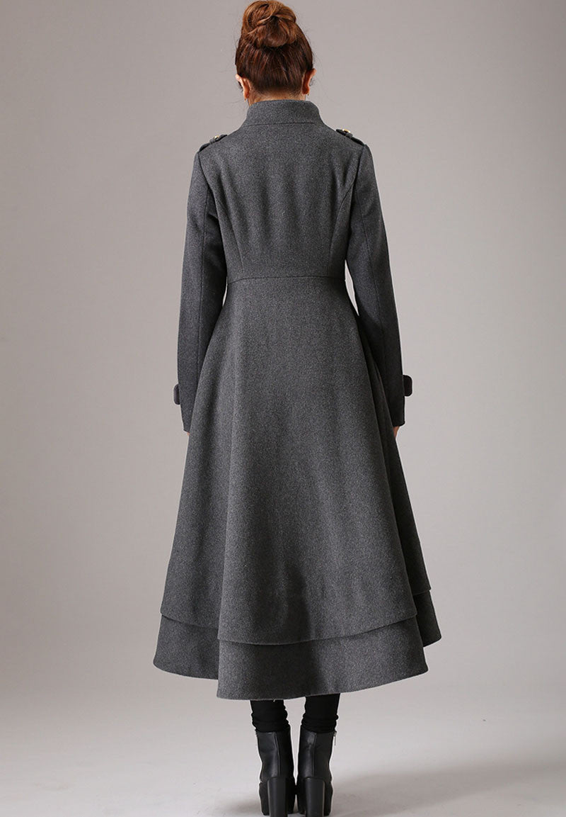 Gray Wool Swing Coat - Vintage High Collar, Asymmetrical Hem 761