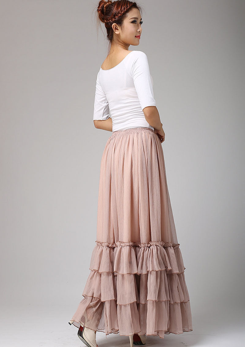 Handmade Pink Chiffon Long Skirt – Romantic Layered Summer Maxi for Women 0663