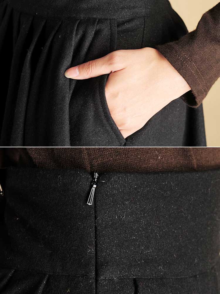 Black Wool Blend Pleated Midi Skirt - Full Circle, Wide Waistband 442
