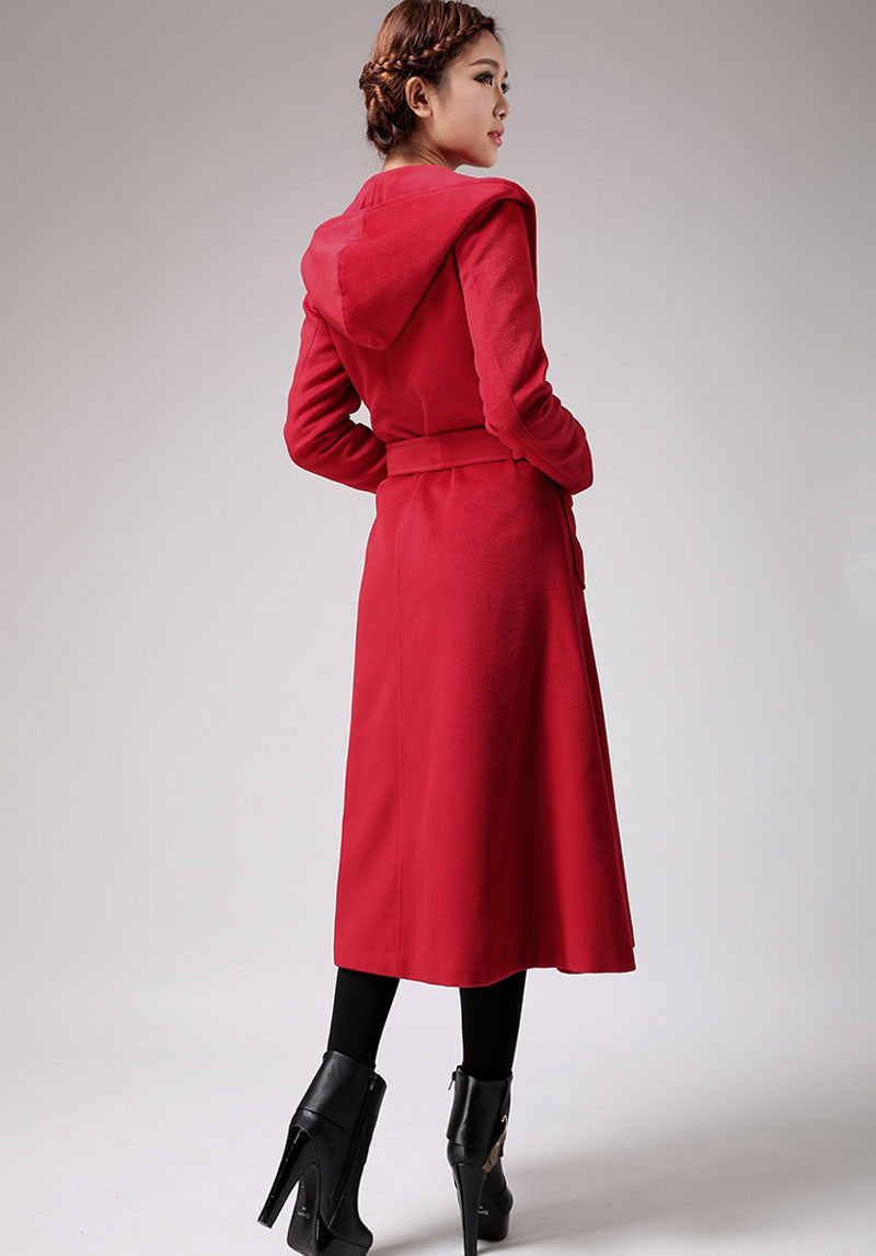 Vintage Wool Coat for Women – Handmade Red Hooded Swing A-Line Winter Coat | Xiaolizi 0714