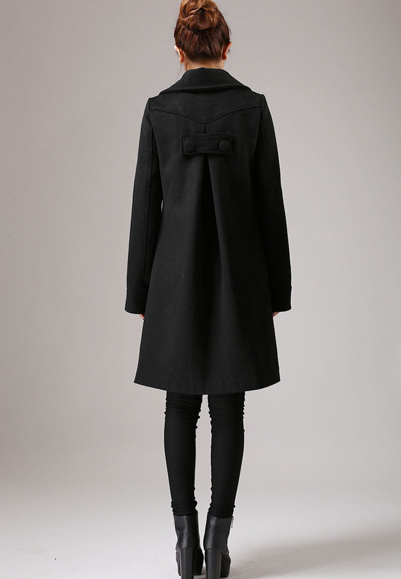 Black Wool Coat – Minimalist Double-Breasted Vintage Winter Overcoat 754