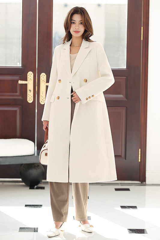 Classic Handmade Wool Coat – Cream Double-Breasted Long Coat with Gold Buttons | Xiaolizi 4020