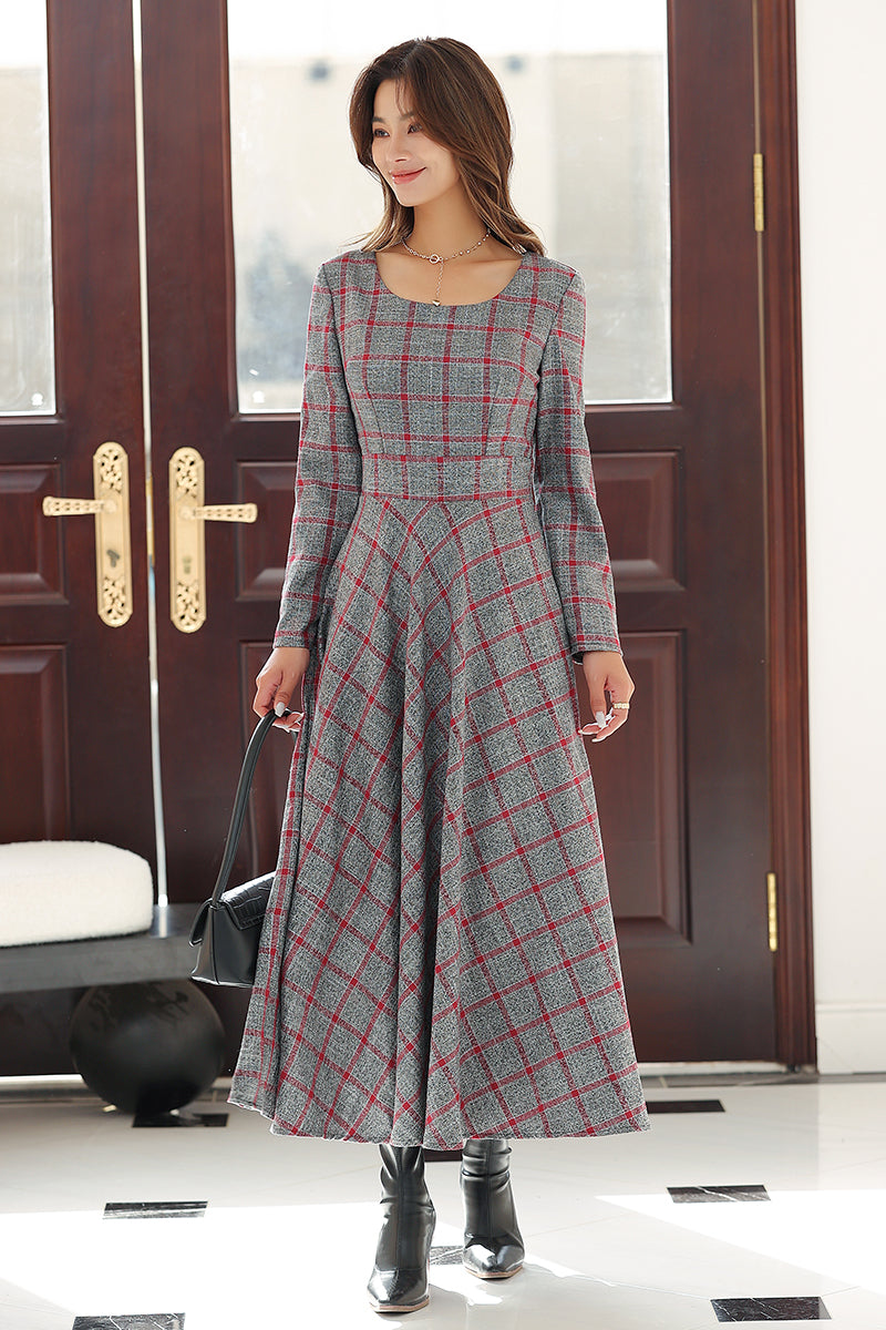 long sleeve check dress Plaid Tie Waist Long Sleeve Dress Navy / L