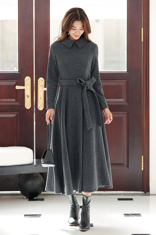 Women Long Dark Grey Wool Dress 4022 - Size S #CK2202756