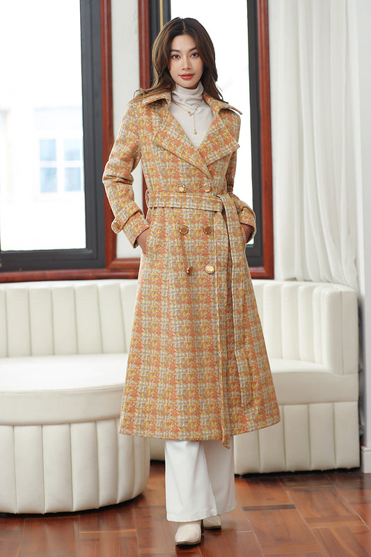 Elegant Wool Blend Coat – Handmade Yellow Plaid Belted Long Winter Coat | Xiaolizi 4025