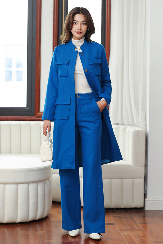 Blue Wool Coat and Wide Leg Pants - Elegant A-Line Silhouette 4028