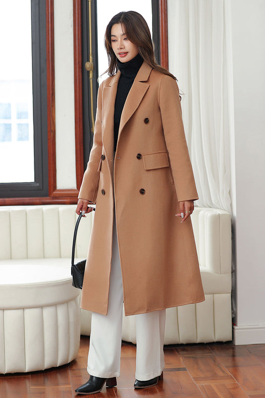 Handmade Camel Wool Coat – Classic Double-Breasted Long Winter Overcoat | Xiaolizi 4030