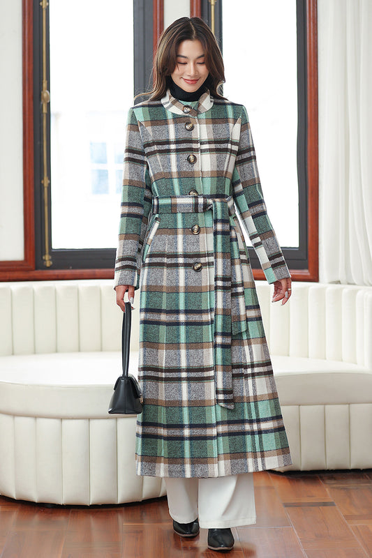 Handmade Green Plaid Wool Coat – Vintage Belted Long Winter Overcoat | Xiaolizi 4031
