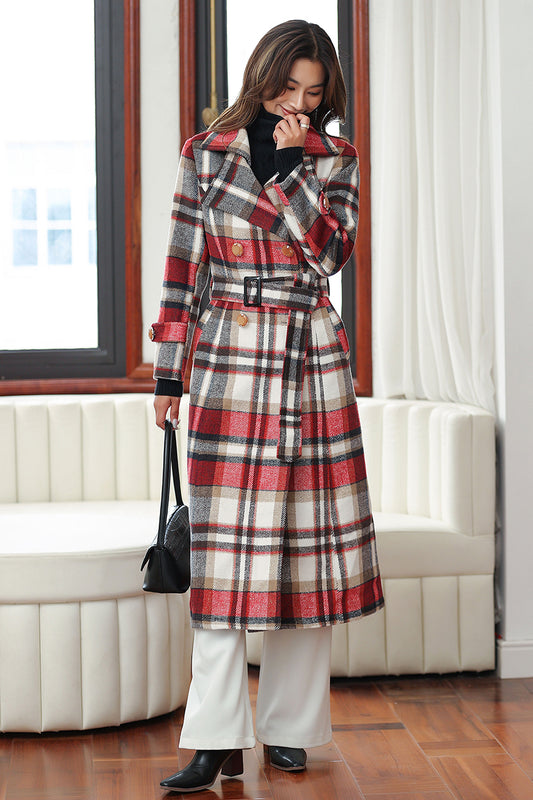 Handmade Red Plaid Wool Coat – Vintage Belted Long Winter Overcoat | Xiaolizi 4032