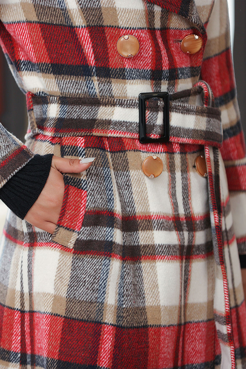 Handmade Red Plaid Wool Coat – Vintage Belted Long Winter Overcoat | Xiaolizi 4032