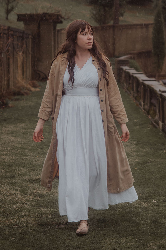 White Linen Blend Maxi Dress - Fit and Flare with Wrap V-Neck 3705