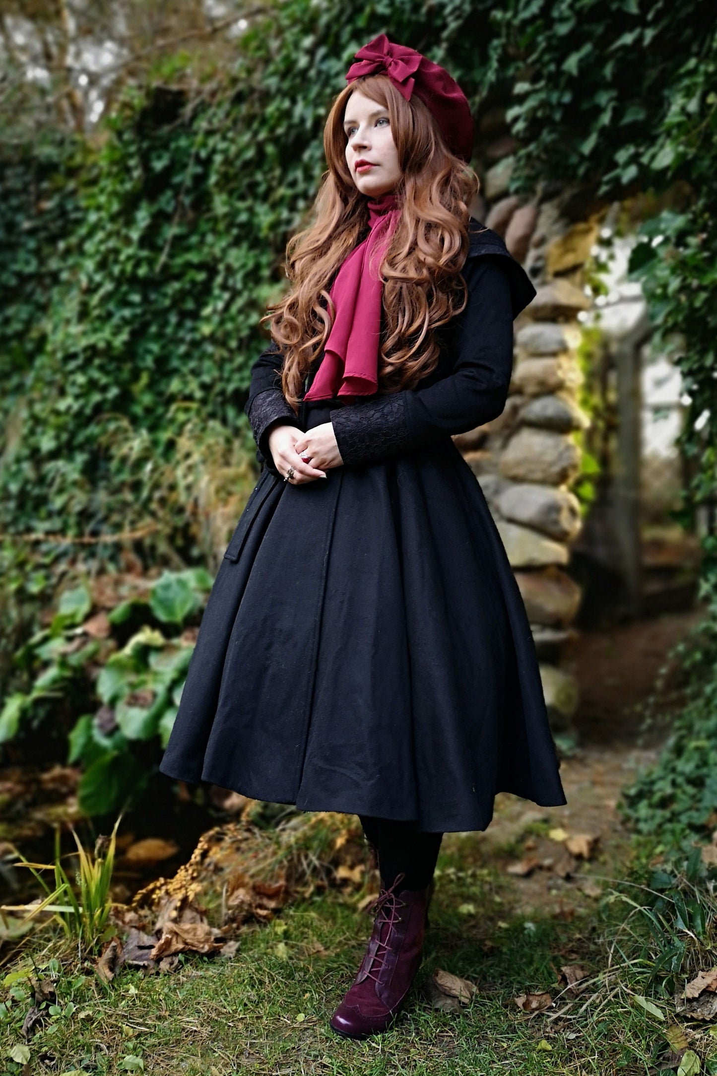 Black Wool Blend Swing Coat - Hooded Lace Trim | Xiaolizi 2708