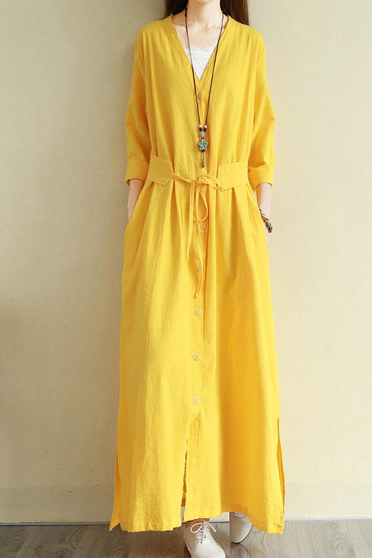 V neck long sleeve linen commuter long dress CYM341
