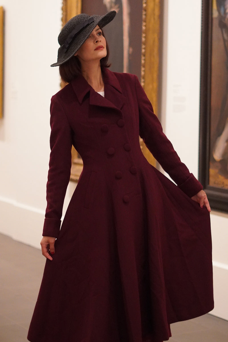 Xiaolizi Vintage Burgundy Wool Coat for Women – Handmade Double Breasted Fit-and-Flare Winter Coat 3864