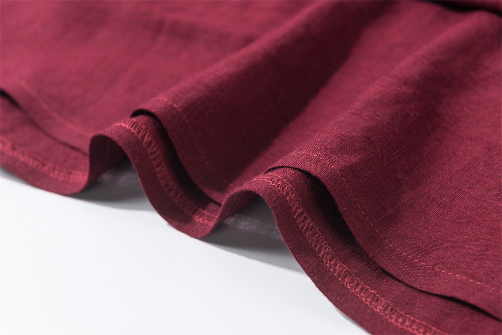 Burgundy Linen Maxi Skirt - Pleated Waist, Flowing Silhouette 2163