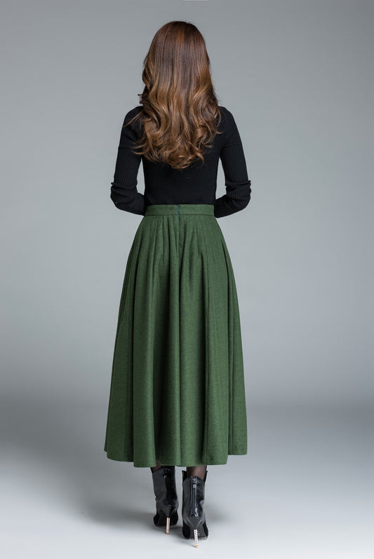 Handmade Women's High-Waisted Green Wool Maxi Skirt - Elegant A-Line Winter Skirt 1641