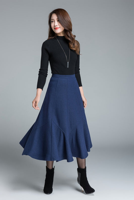 Handmade Navy Blue Wool Skirt – Elegant Winter Maxi Flared Skirt | Xiaolizi 1644