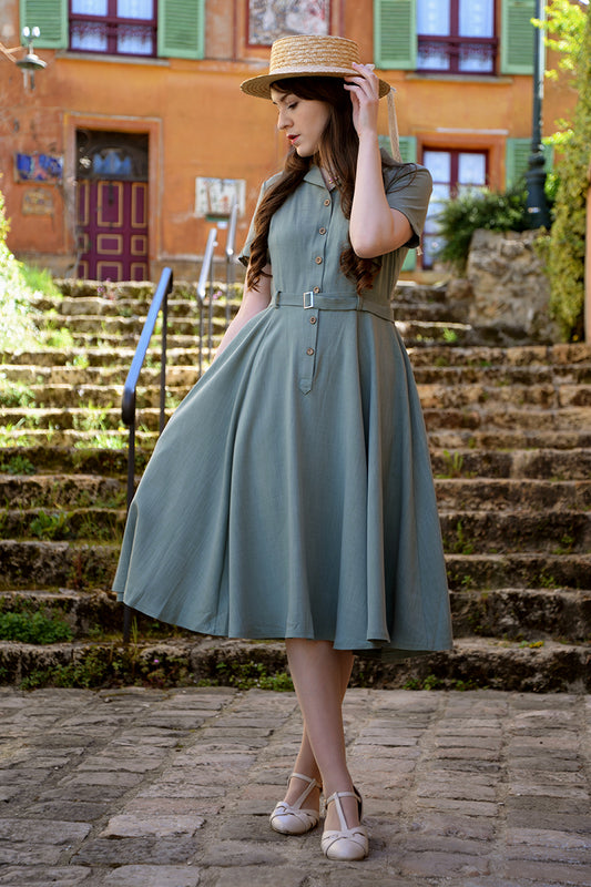 Classic Shirt Dress – Belted Green Pleated Midi for Spring & Summer 3491