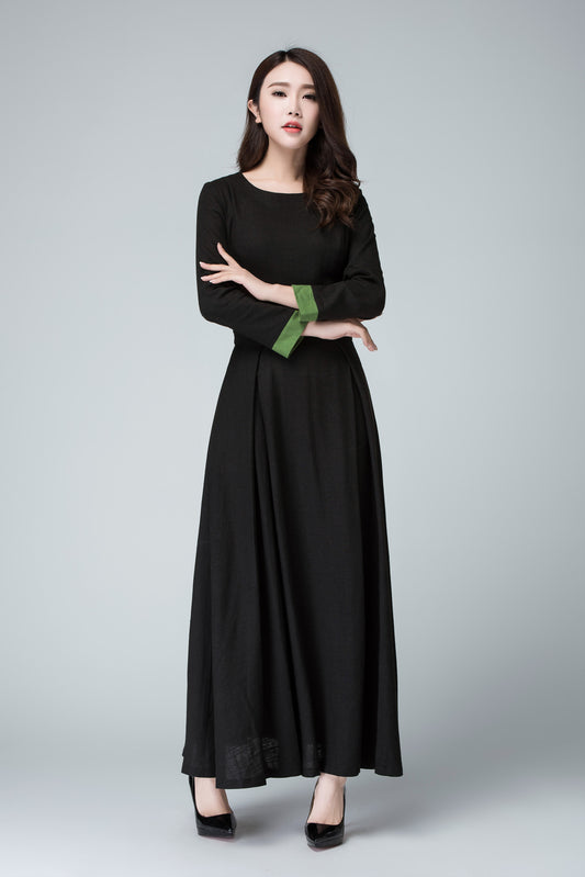 Black Linen Maxi Dress – Vintage Long Sleeve Gothic Inspired Flare Dress 1450