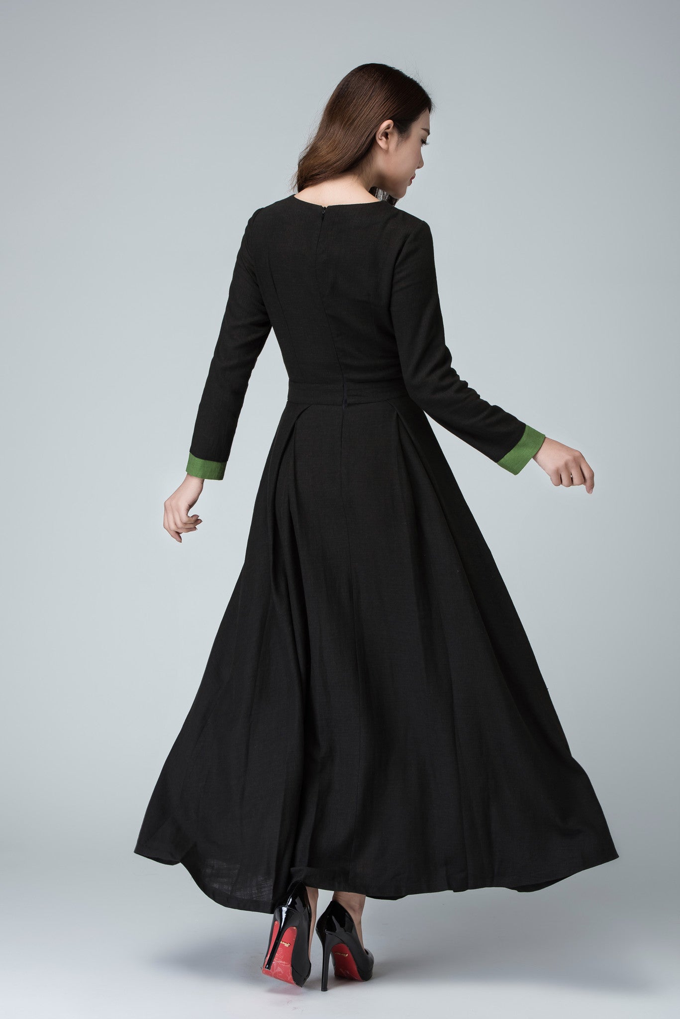 Black Linen Maxi Dress – Vintage Long Sleeve Gothic Inspired Flare Dress 1450