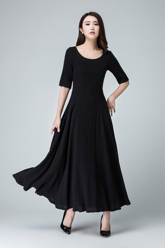 Women’s Black Linen Maxi Dress – Simple Handmade Fit and Flare | Xiaolizi 1467