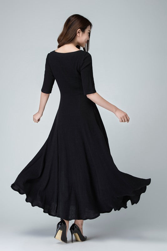 Women’s Black Linen Maxi Dress – Simple Handmade Fit and Flare | Xiaolizi 1467