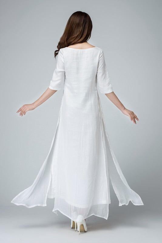 Handmade White Linen Maxi Dress – Layered Fit & Flare Long Dress with Pockets | Xiaolizi 1485