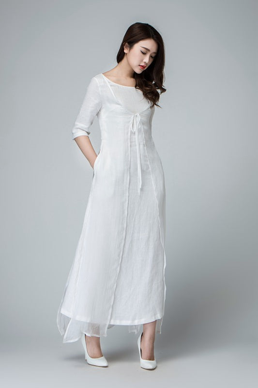Handmade White Linen Maxi Dress – Layered Fit & Flare Long Dress with Pockets | Xiaolizi 1485
