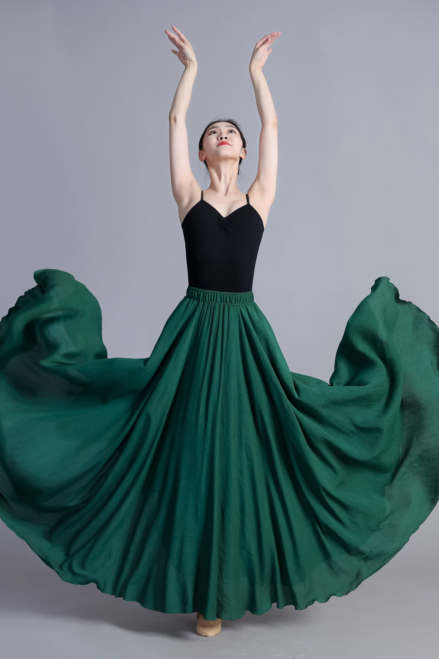 Women Green Linen maxi dance skirt 3389#