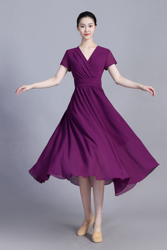 Purple Chiffon Maxi Dress - V-Neck Empire Waist Cap Sleeve | Xiaolizi 3391