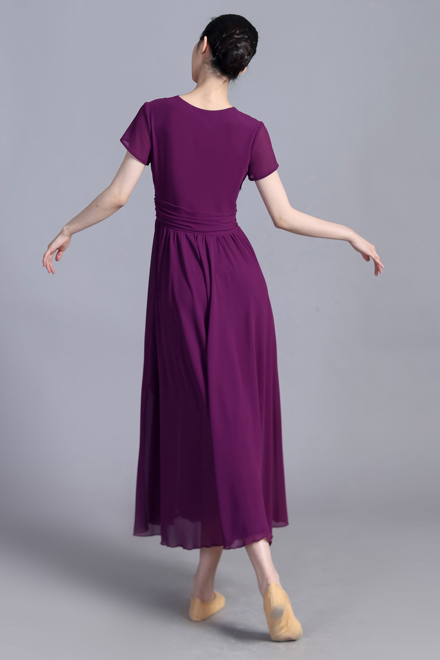 Purple Chiffon Maxi Dress - V-Neck Empire Waist Cap Sleeve | Xiaolizi 3391