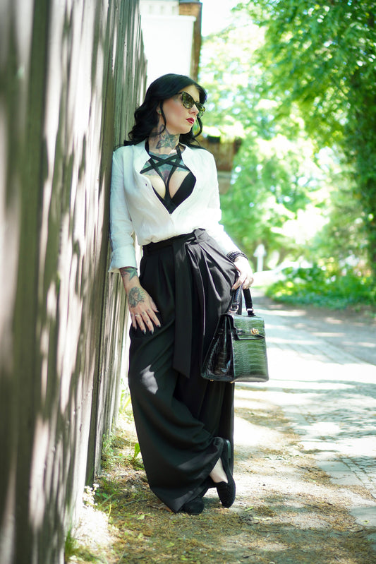 Causal Long Linen Palazzo Pants in Black 3002