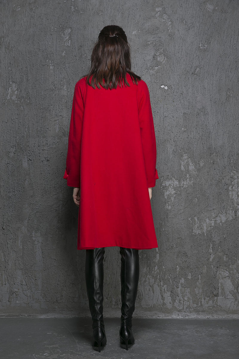 Red Wool Bow-Tie Coat – Elegant Long Winter Jacket with Big Pockets | Xiaolizi 1351
