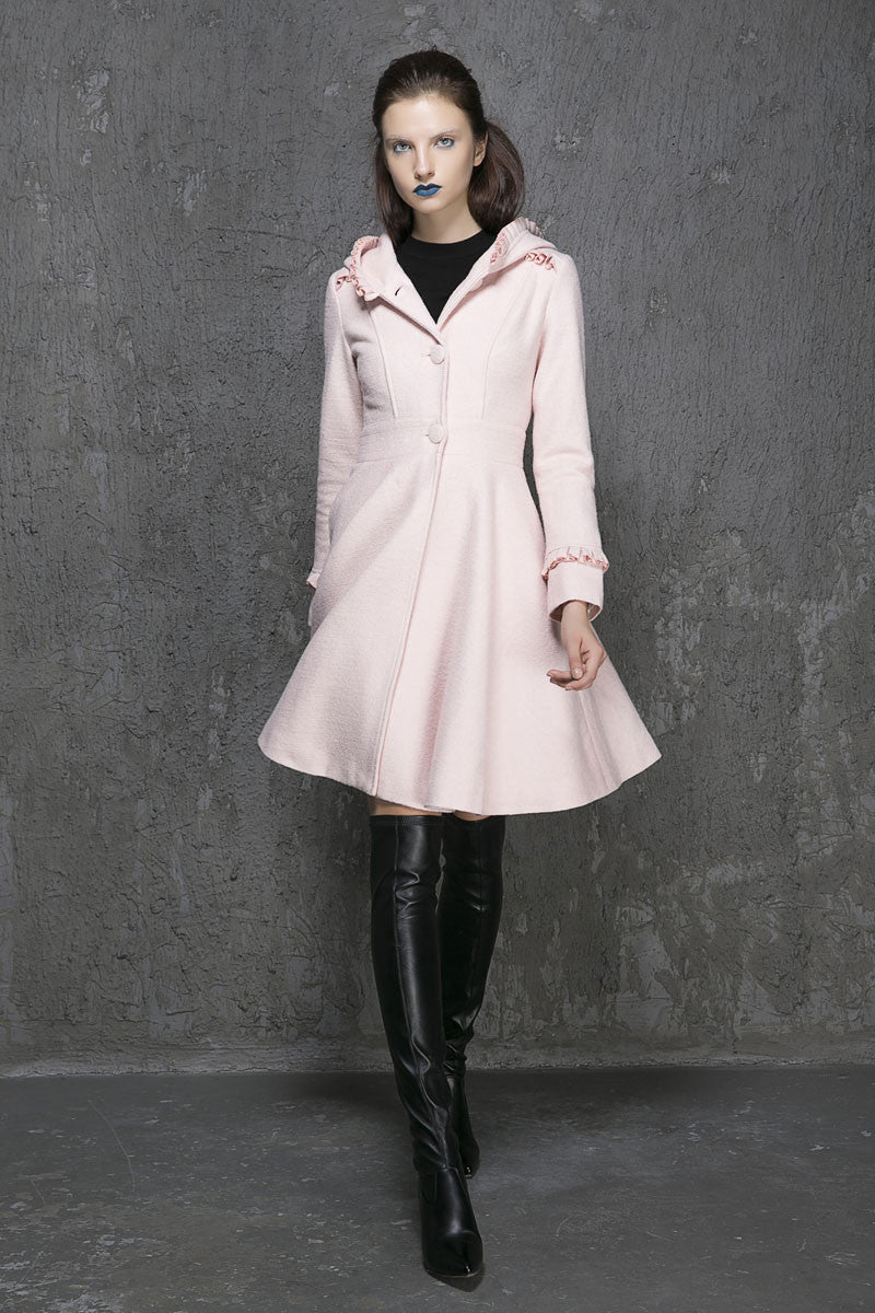 Pink Hooded Wool Coat – Ruffle Trim Fit & Flare Winter Coat | Xiaolizi 1352