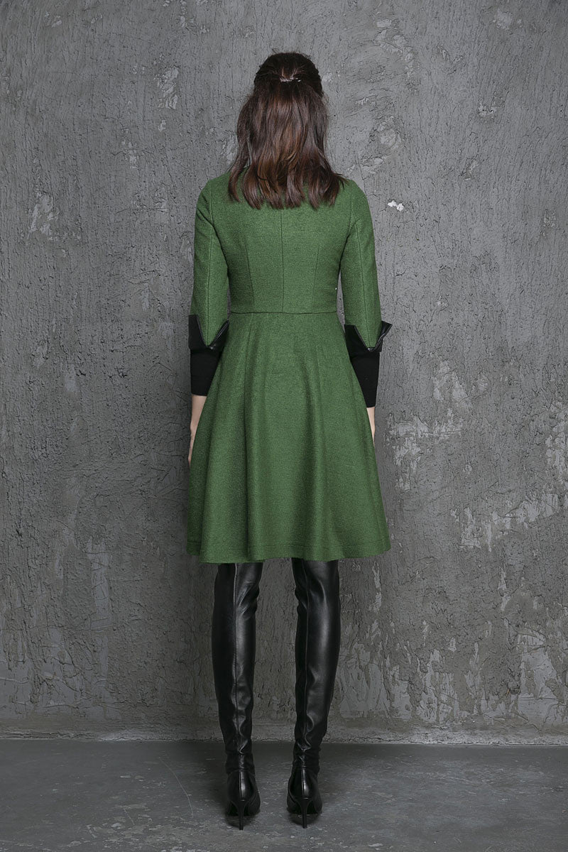Green Wool Blend Coat – Handmade Zip Front Fit & Flare Winter Elegance 1353