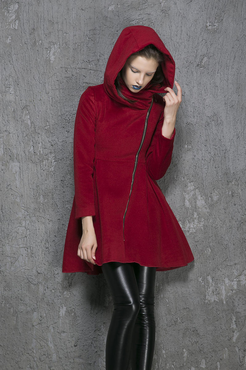 Red Wool Hooded Coat Asymmetric Zipper Winter Overcoat Red / Xs Red Wool Hooded Coat Asymmetric Zipper Winter Overcoat Red / Xs