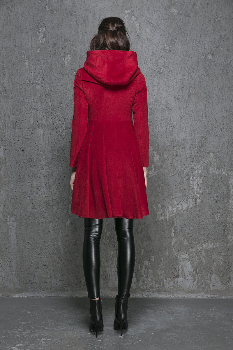 Red Wool Hooded Coat – Asymmetric Zipper Vintage Fit-and-Flare Overcoat 1355