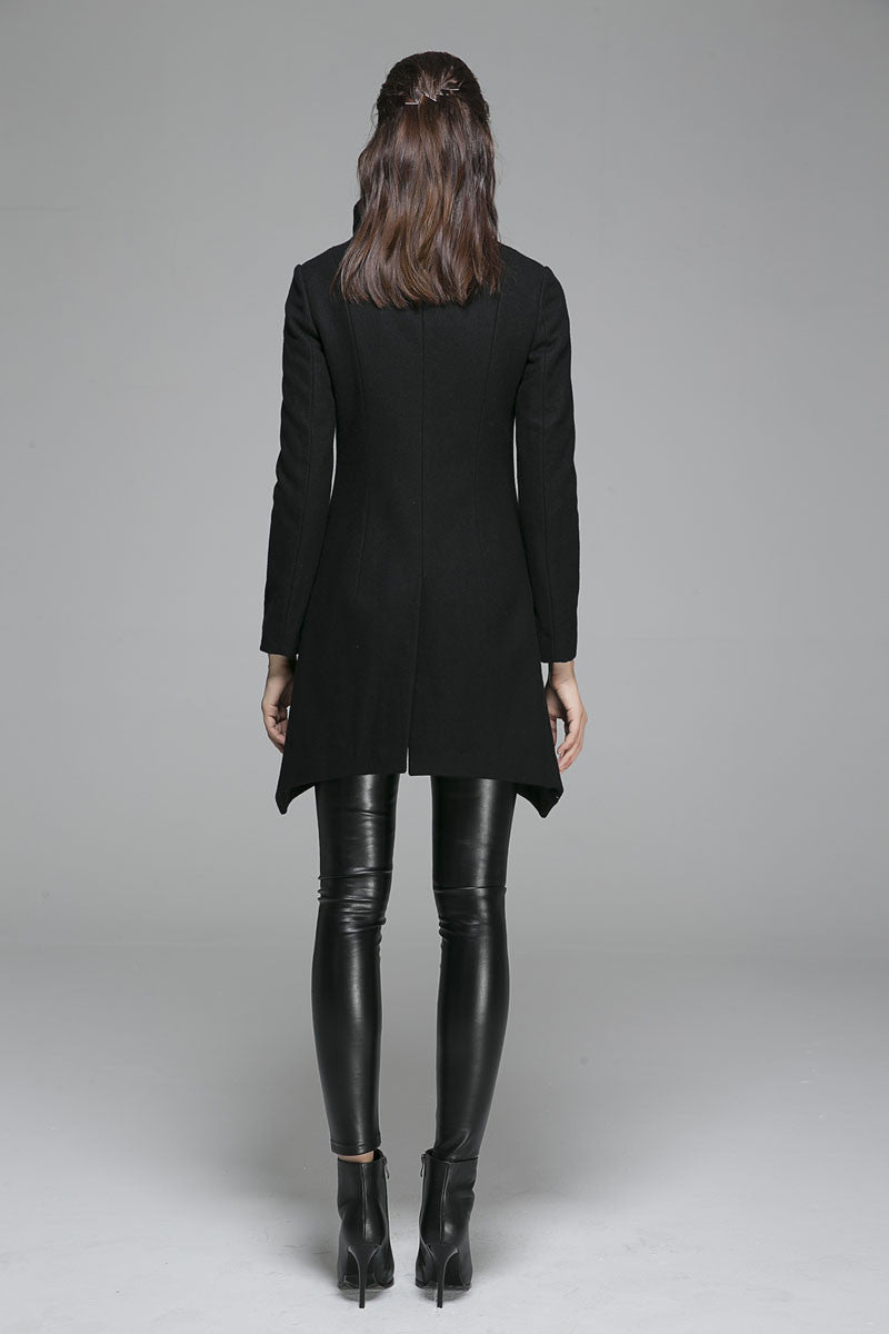 Black Wool Blend Coat – Handmade Asymmetrical High Collar Winter Jacket 1363
