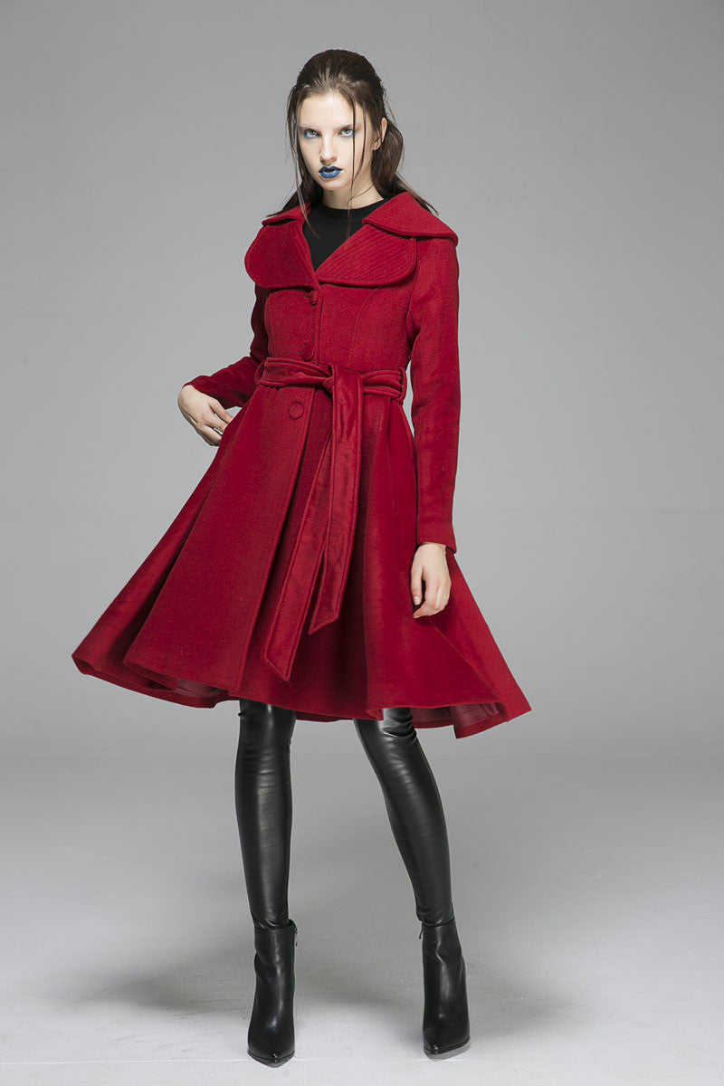Red Wool Coat Dress Holiday Party & Romantic Winter Coat Red / M Red Wool Coat Dress Holiday Party & Romantic Winter Coat Red / M