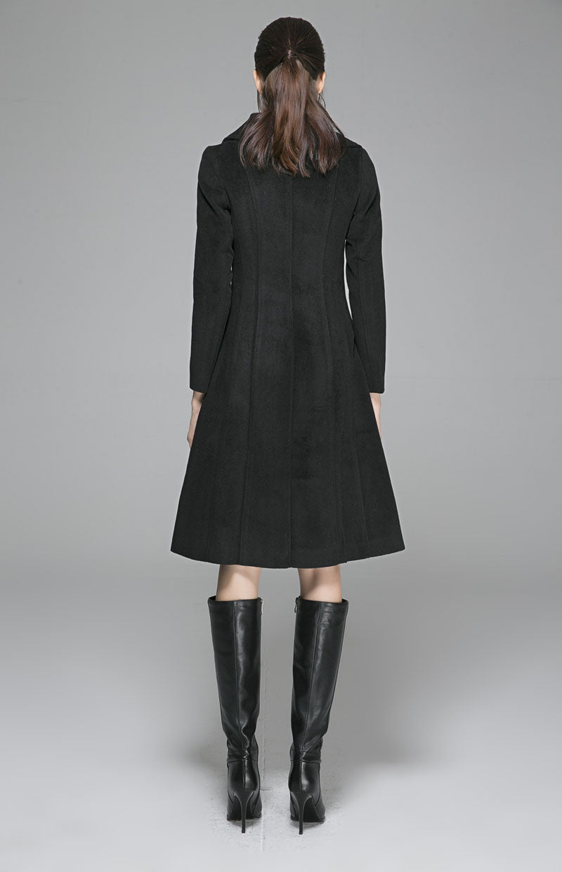 Vintage Wool Coat for Women – Handmade Black Double Breasted Military Winter Coat with Gold Buttons | Xiaolizi 1370